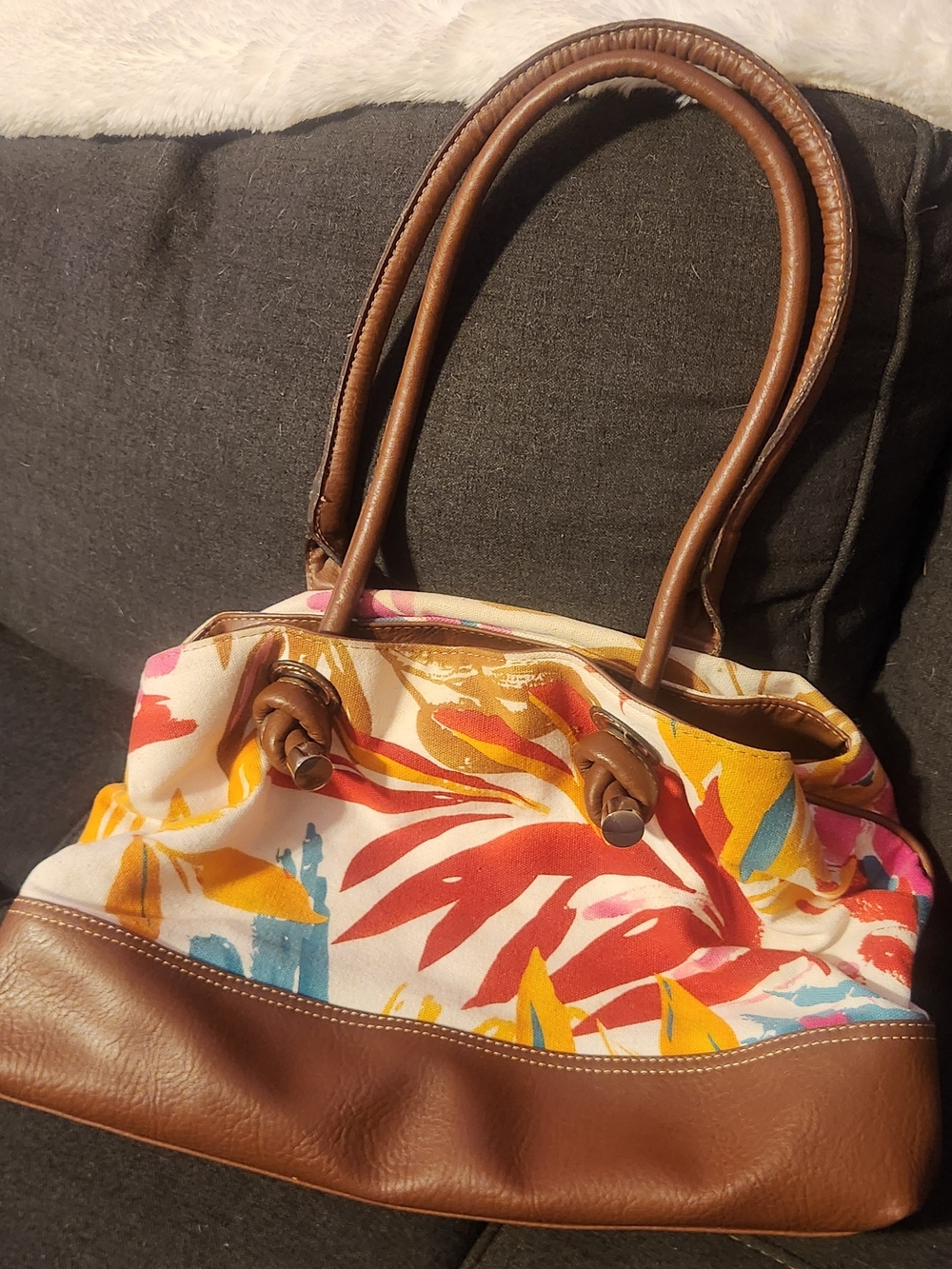 Canvas Tote Purse with Brown Leather Trim - Multicolor Floral